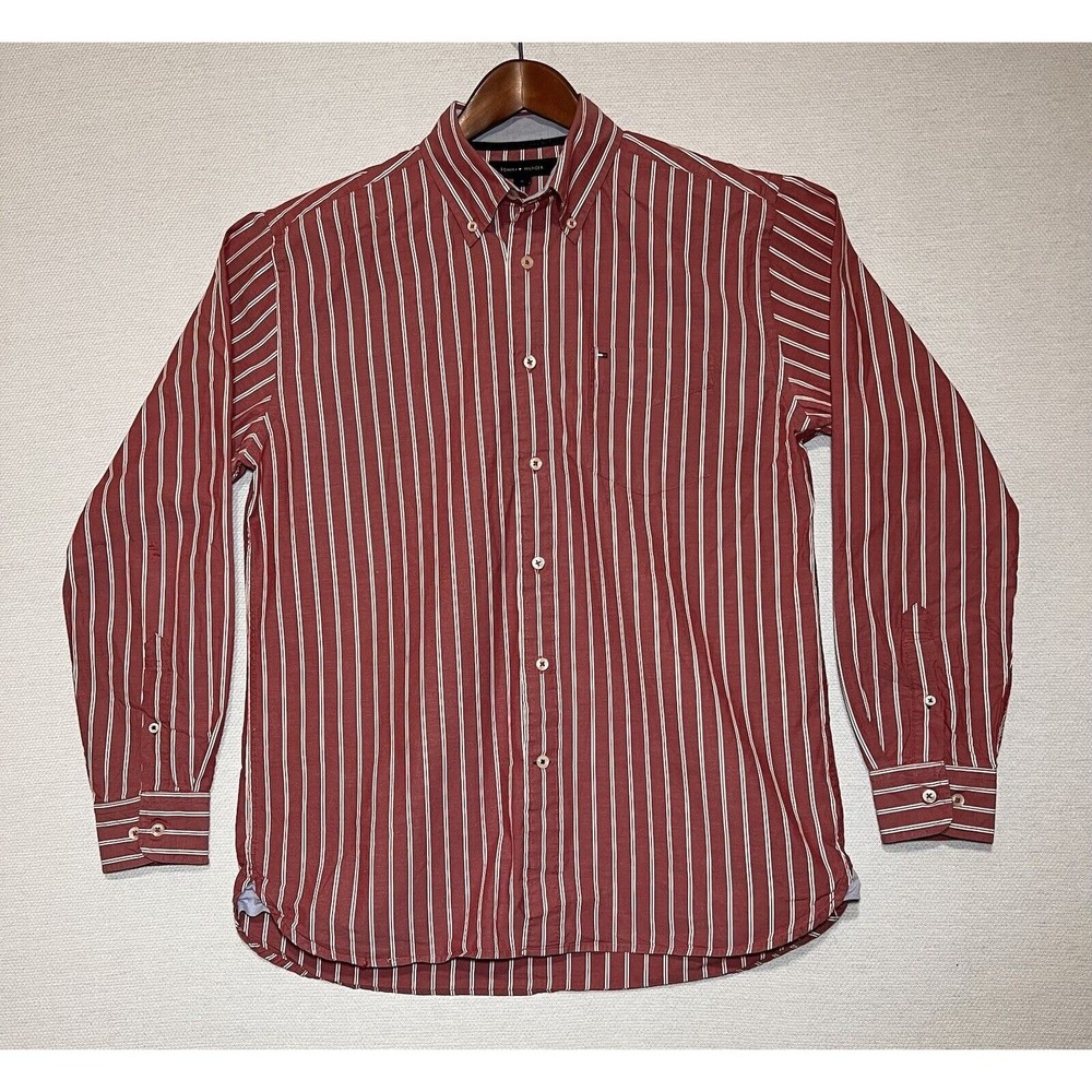 Tommy Hilfiger Shirt Men Sz Medium Long Sleeve Red W/ White Stripes Button Down